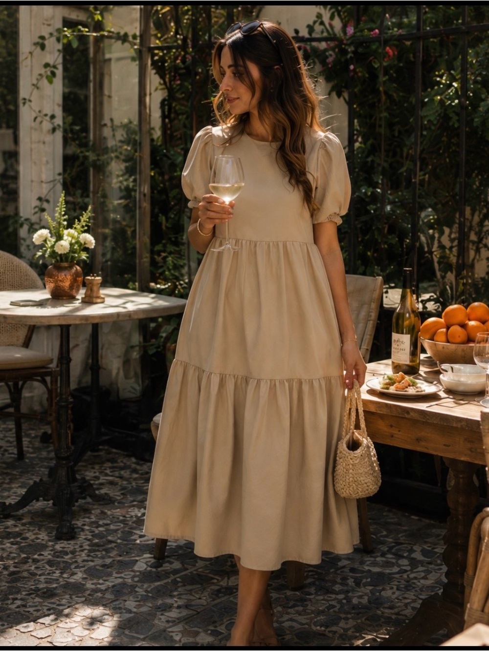 Zara Camel Tan Poplin Tiered Midi Dress Puff Sleeve Asymmetric Hem Pockets S - Picture 3 of 16